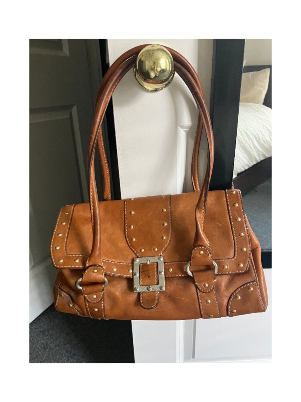 Vintage Michael Kors Astor Cognac Studded Leather Shoulder Bag Y2K